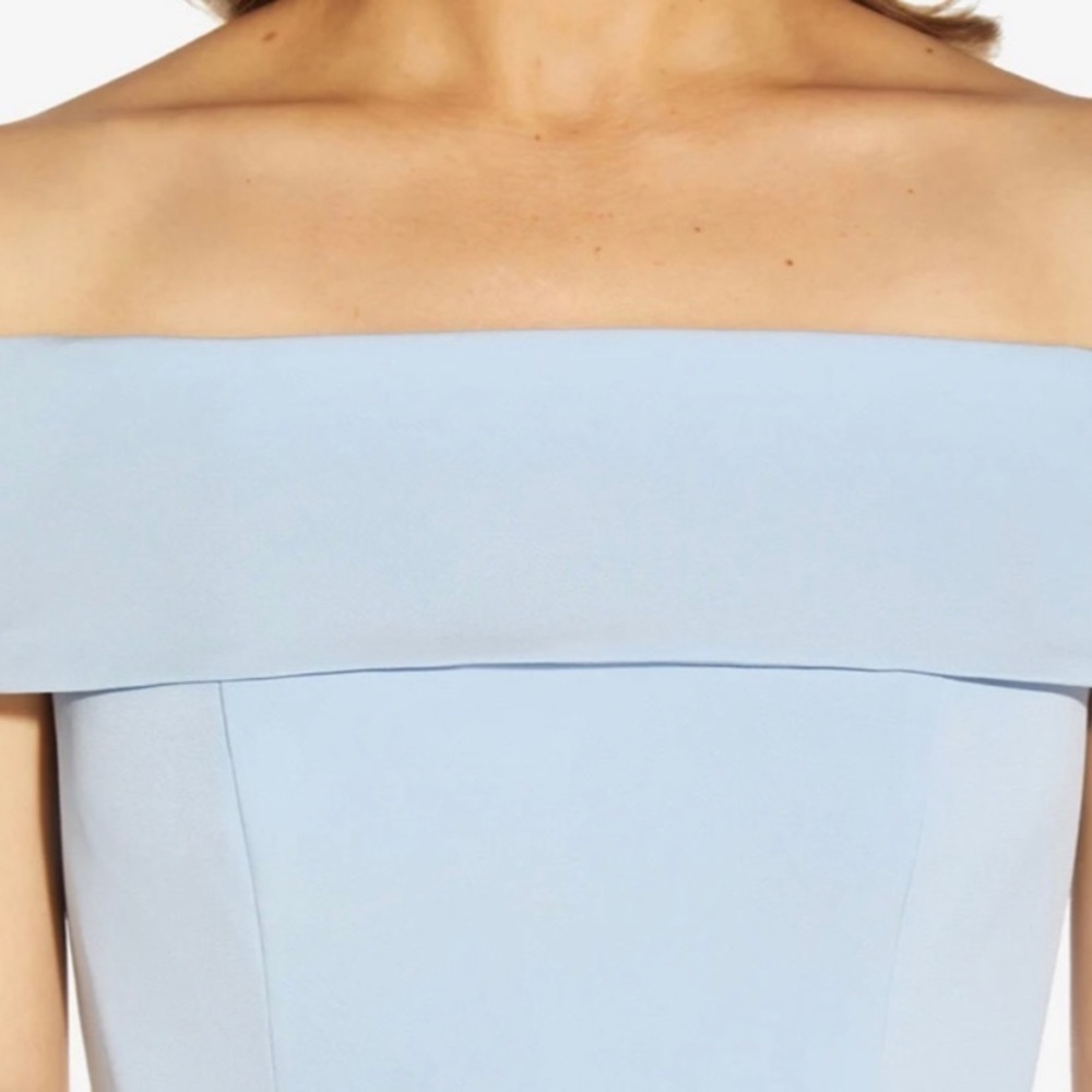 Adrianna Papell OFF-THE-SHOULDER CREPE HIGH-LOW GOWN WITH RUFFLE IN ELEGANT BLUE - Picture 3 of 7